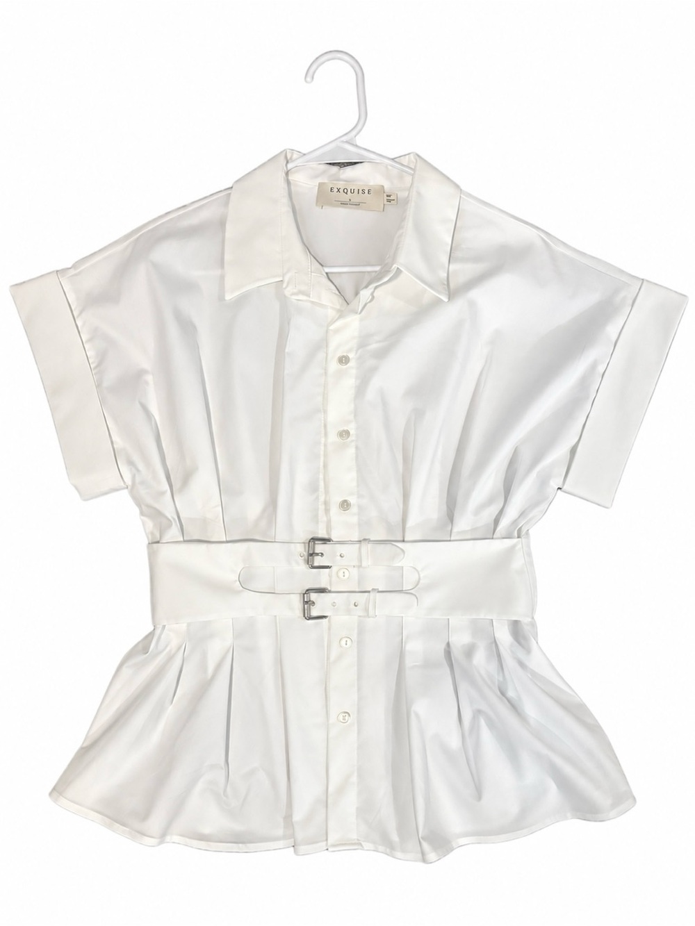 White Short-Sleeve Button Front Belted Top